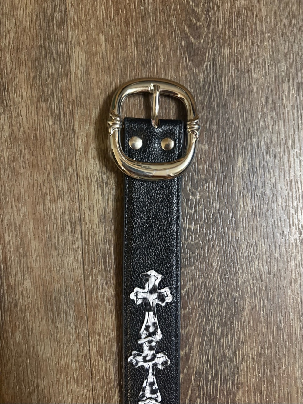Chrome Hearts Black Leather Belt with Silver Buckle and White Cross Motif